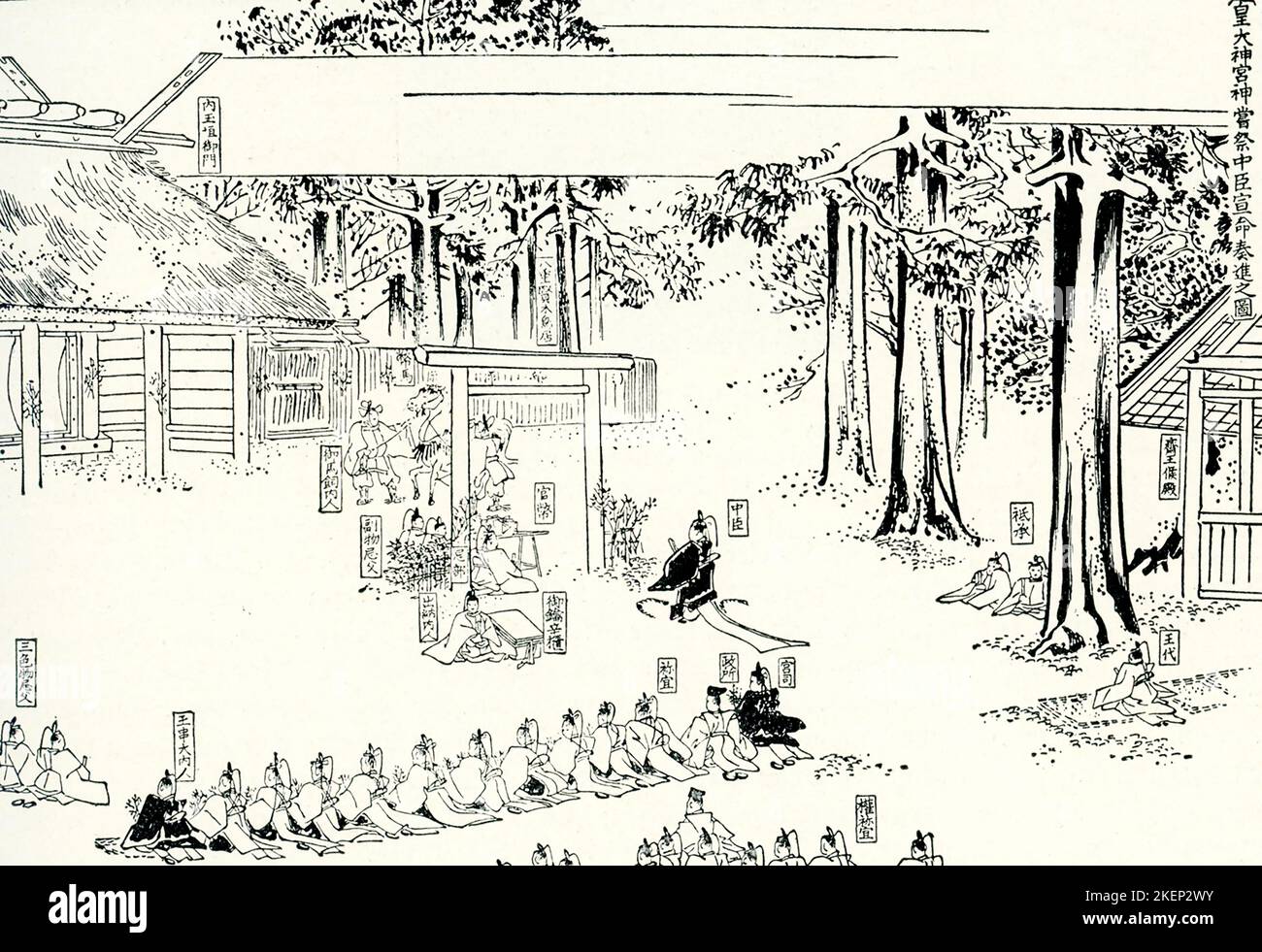 Dieses Bild aus dem Jahr 1910 zeigt das Fest der Göttin - das Einbringen der ersten Geschenke in den Tempel der Sonnengöttin Amateriasu in Ise in Japan. Der Ise Grand Shrine oder Ise Jingu, der sich im Herzen eines heiligen Waldes in der Präfektur Mie von Japan befindet, ist der wichtigste schintoistische Schrein des Landes und der Sonnengöttin Amateriasu gewidmet, mit einem separaten Schrein, der Toyouke, der Nahrungsgöttin, gewidmet ist. Die heutigen Gebäude wurden erstmals 4 v. Chr. erbaut und basieren auf den Gebäuden, die im 7.. Jahrhundert n. Chr. errichtet wurden. In der Shinto Religion, der indigenen Religion Japans, war Amaterisu der sonnengott Stockfoto