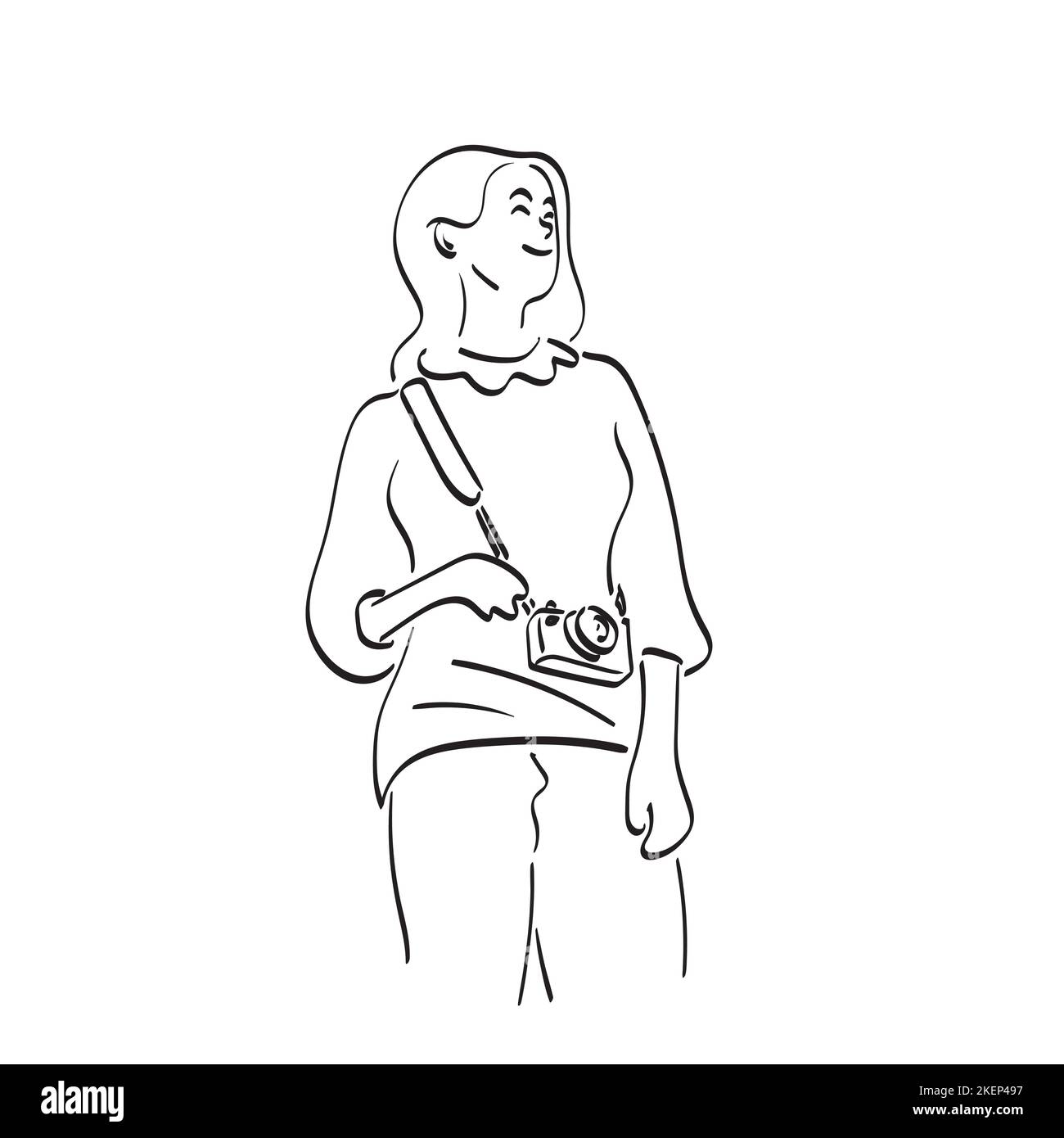 Frau mit kompakten Kamera Illustration Vektor Hand gezeichnet isoliert auf weißem Hintergrund Linie Kunst Stock Vektor