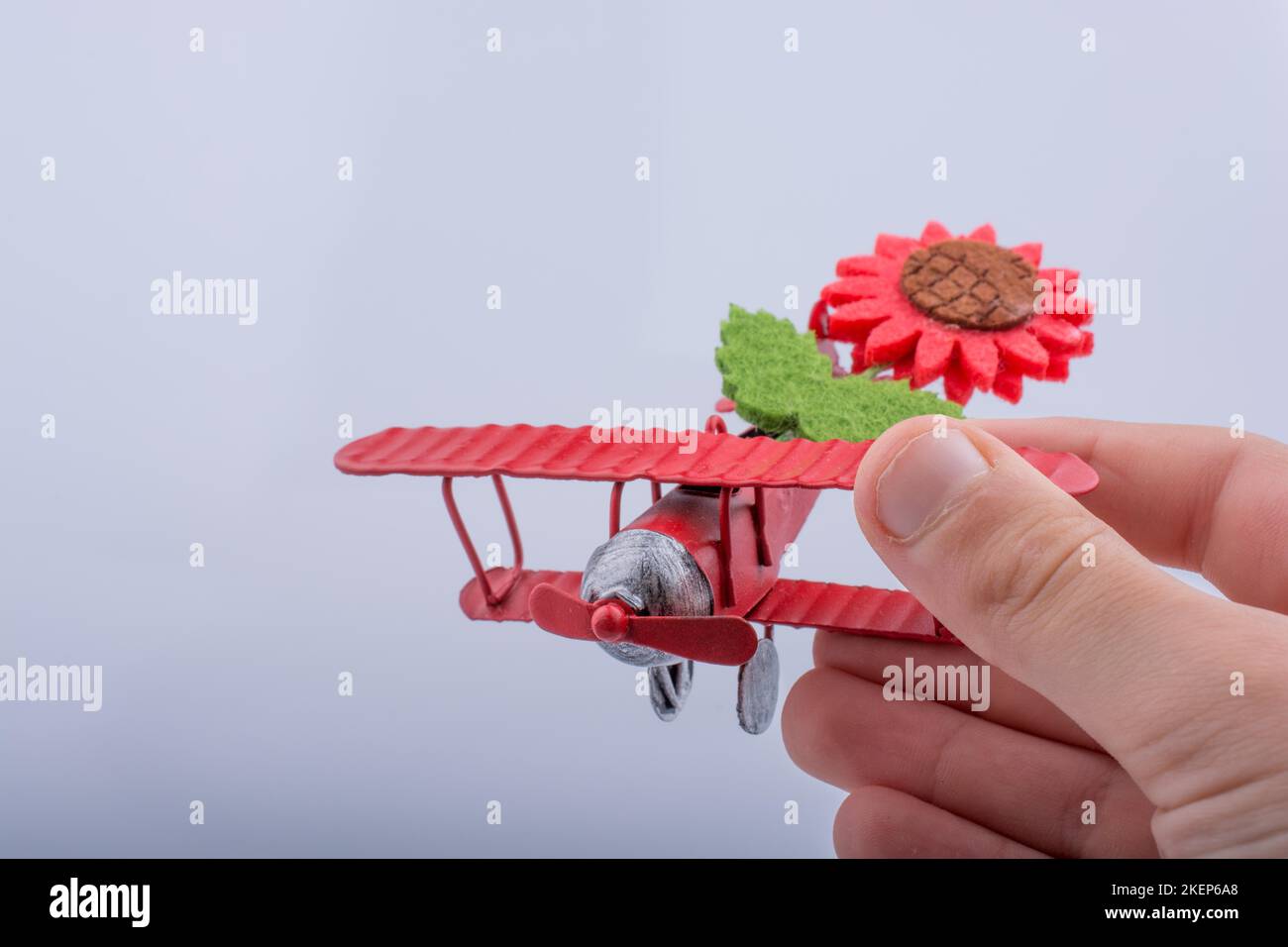 Kind hält ein kleines Metallmodellflugzeug mit Blume in der Hand Stockfoto