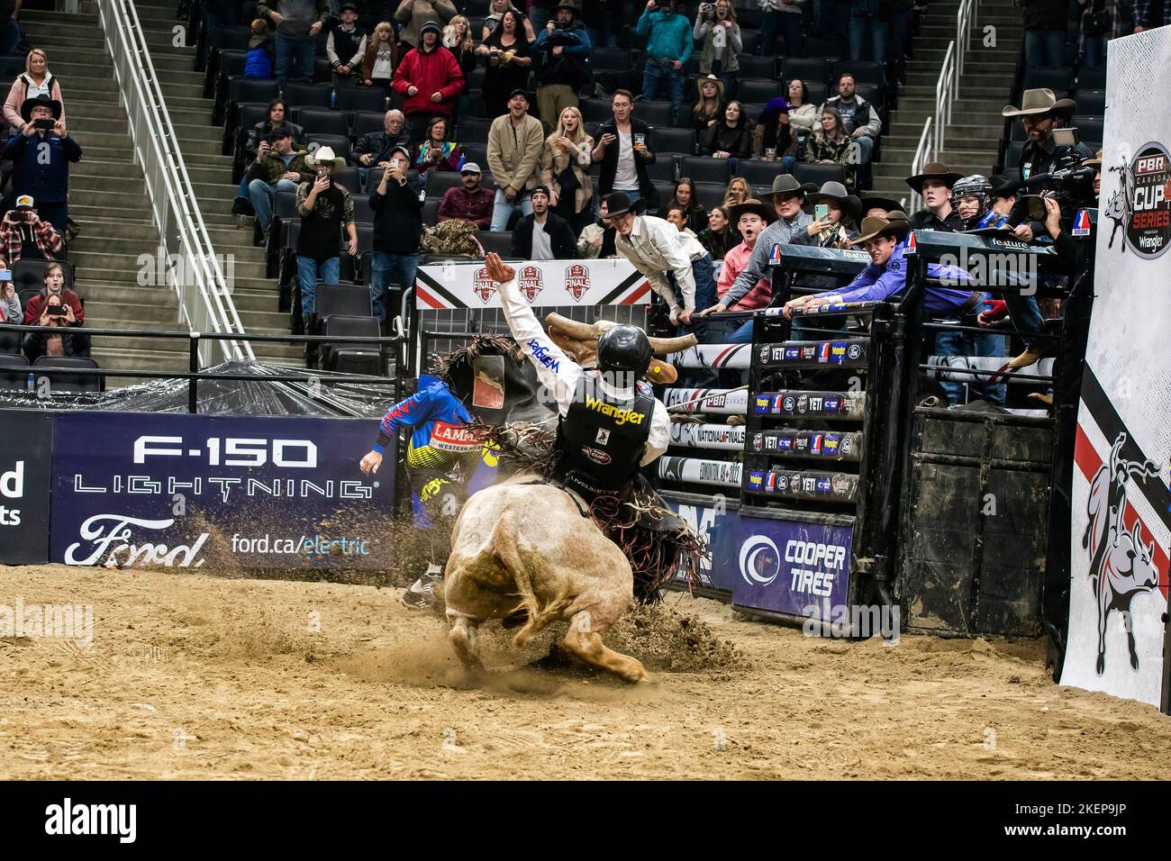 Rogers Place, Kanada. 12.. November 2022. Zane Lambert bekommt einen erneuten Ritt, als der Bulle während der Canadian National Professional Bull Riding Championships den Boden komplett berührte. (Foto von Ron Palmer/SOPA Images/Sipa USA) Quelle: SIPA USA/Alamy Live News Stockfoto