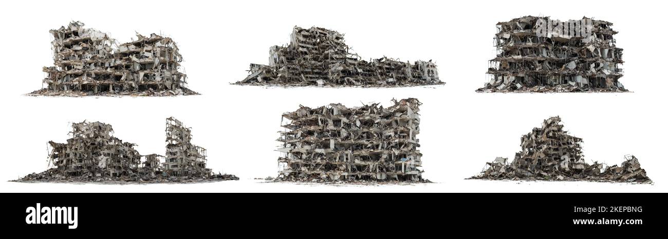 Satz von zerstörten Gebäuden, post-apokalyptischen Häusern, isoliert auf weißem Hintergrund Stockfoto