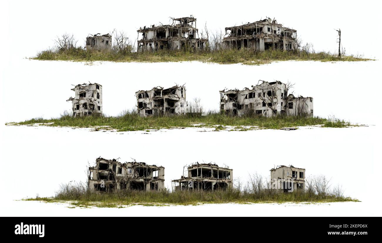 Sammlung zerstörter Gebäude, post-apokalyptisch bewachsene Häuser, isoliert auf weißem Hintergrund Stockfoto