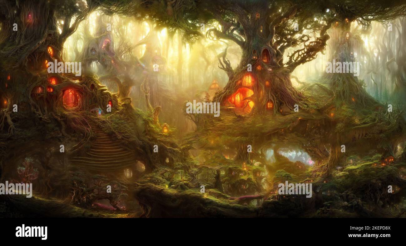 Märchenhäuser in einem Fantasy-Wald, schönes Märchenhaus Stockfoto