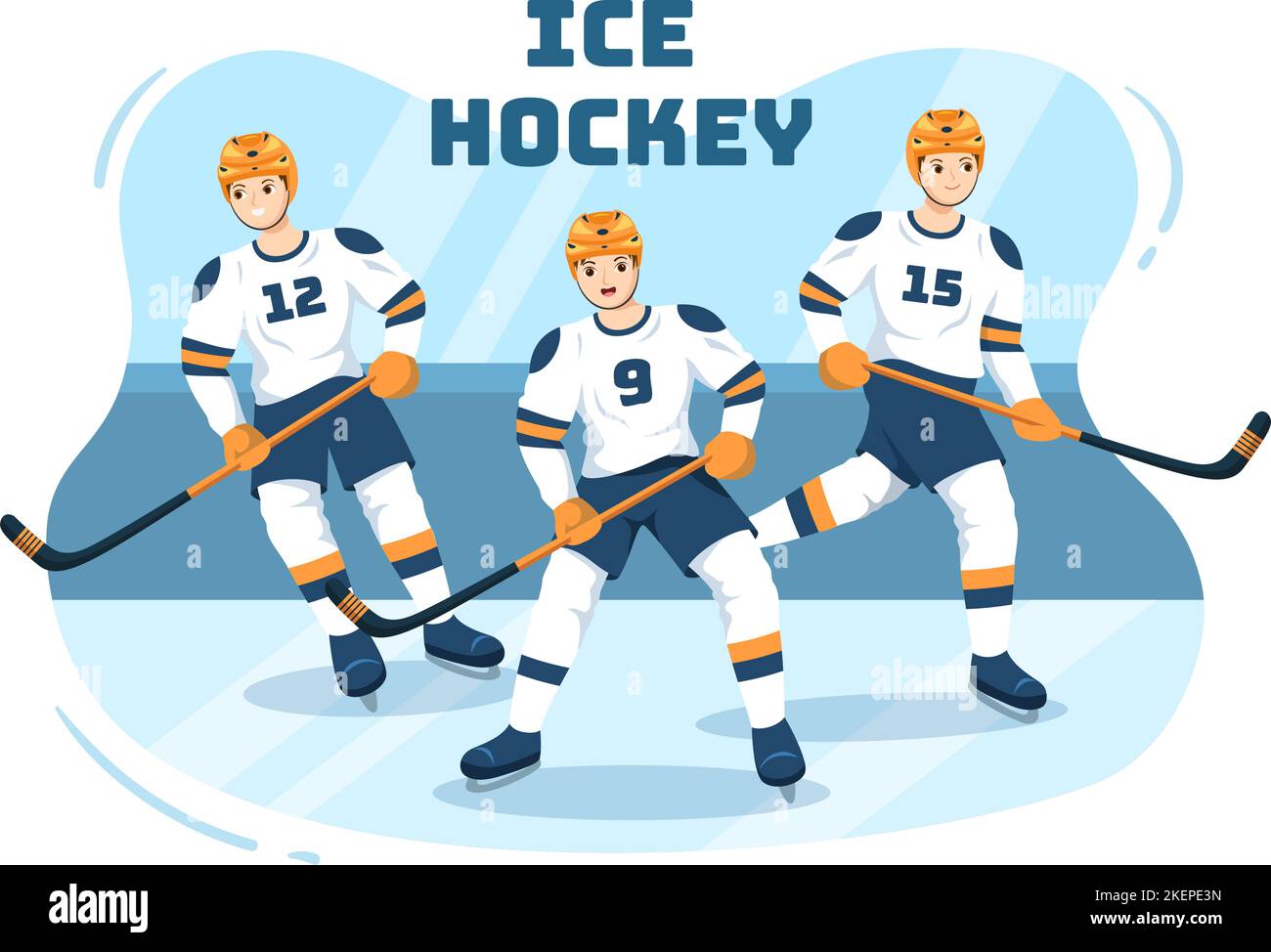 Eishockey-Spieler Sport mit Helm, Stock, Puck und Schlittschuhe auf Eisfläche für Spiel oder Meisterschaft in flachen Cartoon Handgezeichnete Vorlagen Illustration Stock Vektor