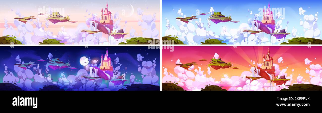 Mittelalterliche Burg auf schwimmenden Inseln zu verschiedenen Tageszeiten. Fantasy-Landschaft mit königlichem Palast, Wasserfall und Gras fliegen in den Himmel am frühen Morgen, Nacht, Sonnenuntergang und Mittag, Vektor-Cartoon-Szene Stock Vektor