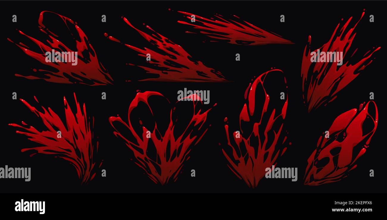 Eine Menge Blut oder rote Farbe spritzt isoliert auf schwarzem Hintergrund. Cartoon-Vektor-Illustration von scarlett flüssige Substanz verschüttet auf der Oberfläche. Kollektion von gruseligen Flecken für Halloween Horror Design Stock Vektor