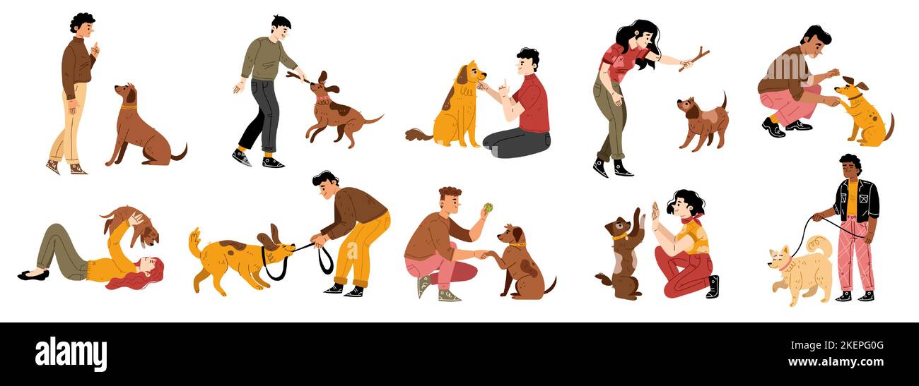 Menschen trainieren Hunde, umarmen und spielen mit Welpen. Tierbesitzer gehen mit Hunden an der Leine, spielen mit ihnen mit Bällen, Stöcken, trainieren Gehorsam, Vektor handgezeichnete Illustration isoliert auf weißem Hintergrund Stock Vektor