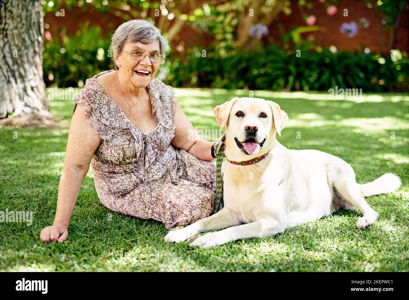 Er hält mich auf Trab. Porträt einer älteren Frau, die mit ihrem Hund draußen sitzt. Stockfoto