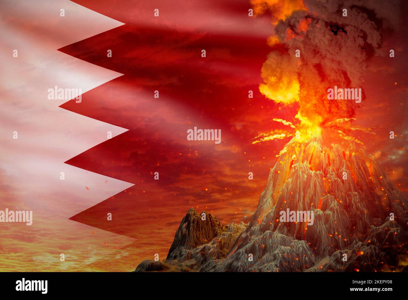 Großer Vulkanausbruch in der Nacht mit Explosion auf Bahrain Flagge Hintergrund, leiden unter Katastrophe und vulkanisches Erdbeben Konzept - 3D Illustration von Nat Stockfoto