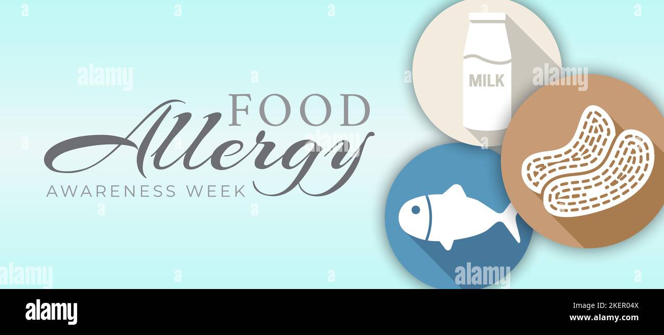 Food Allergy Awareness Week Illustration Hintergrund mit Milch, Erdnüssen und Fisch-Ikonen Stock Vektor