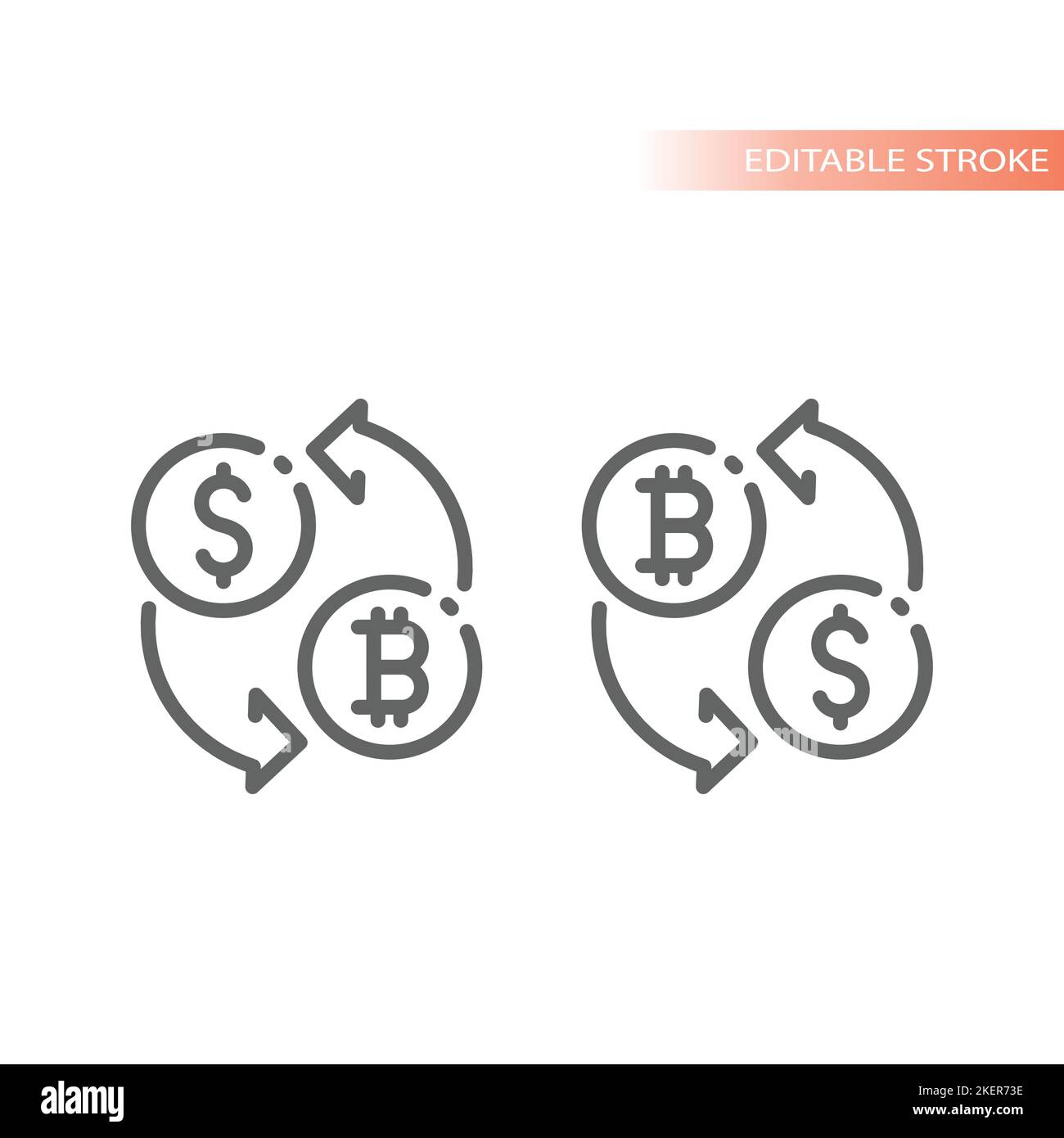 Vektor-Symbol für die Umwandlung von Dollar in Bitcoin-Geld. Geldwechsel, Kryptowährung umrissene Symbol. Stock Vektor