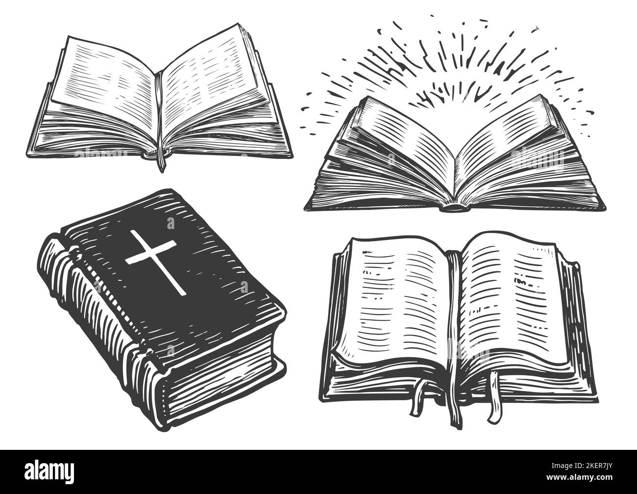 Skizze der Heiligen Bibel. Altes offenes Buch mit Lesebändchen. Handgezeichnete Illustration im Vintage-Gravurstil Stockfoto