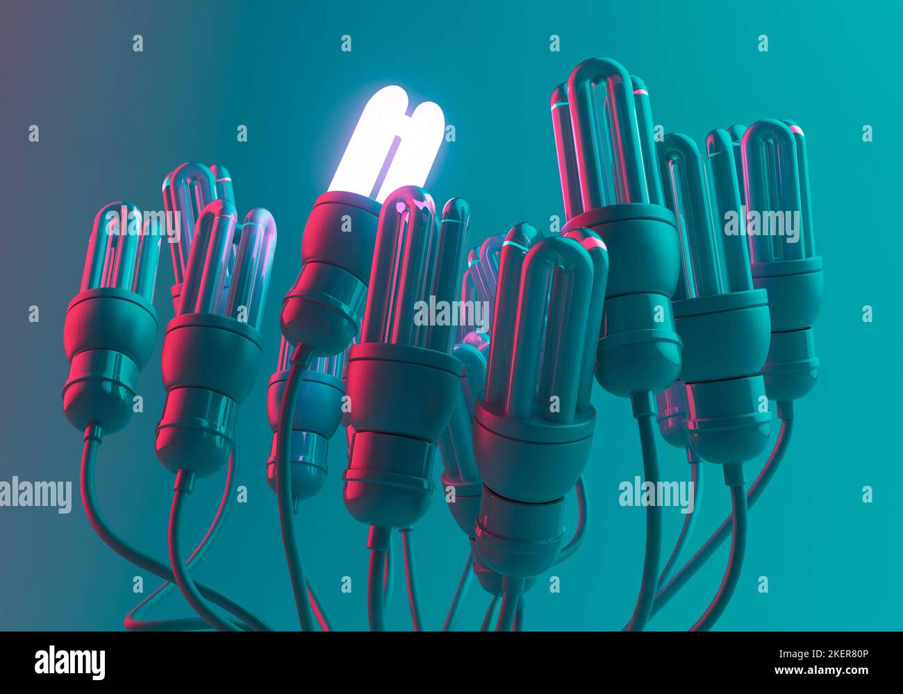Eine beleuchtete Glühbirne in einer Sammlung von dimmen Glühbirnen mit ihren Kabeln in einem Haufen auf einem blauen Studiohintergrund verdreht - 3D r Stockfoto
