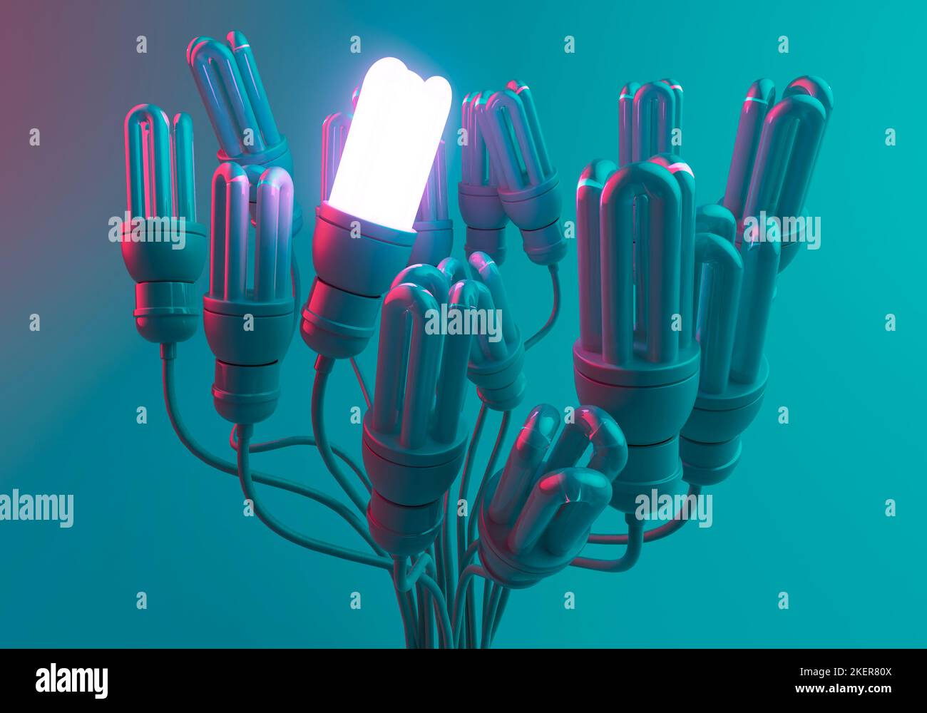 Eine beleuchtete Glühbirne in einer Sammlung von dimmen Glühbirnen mit ihren Kabeln in einem Haufen auf einem blauen Studiohintergrund verdreht - 3D r Stockfoto