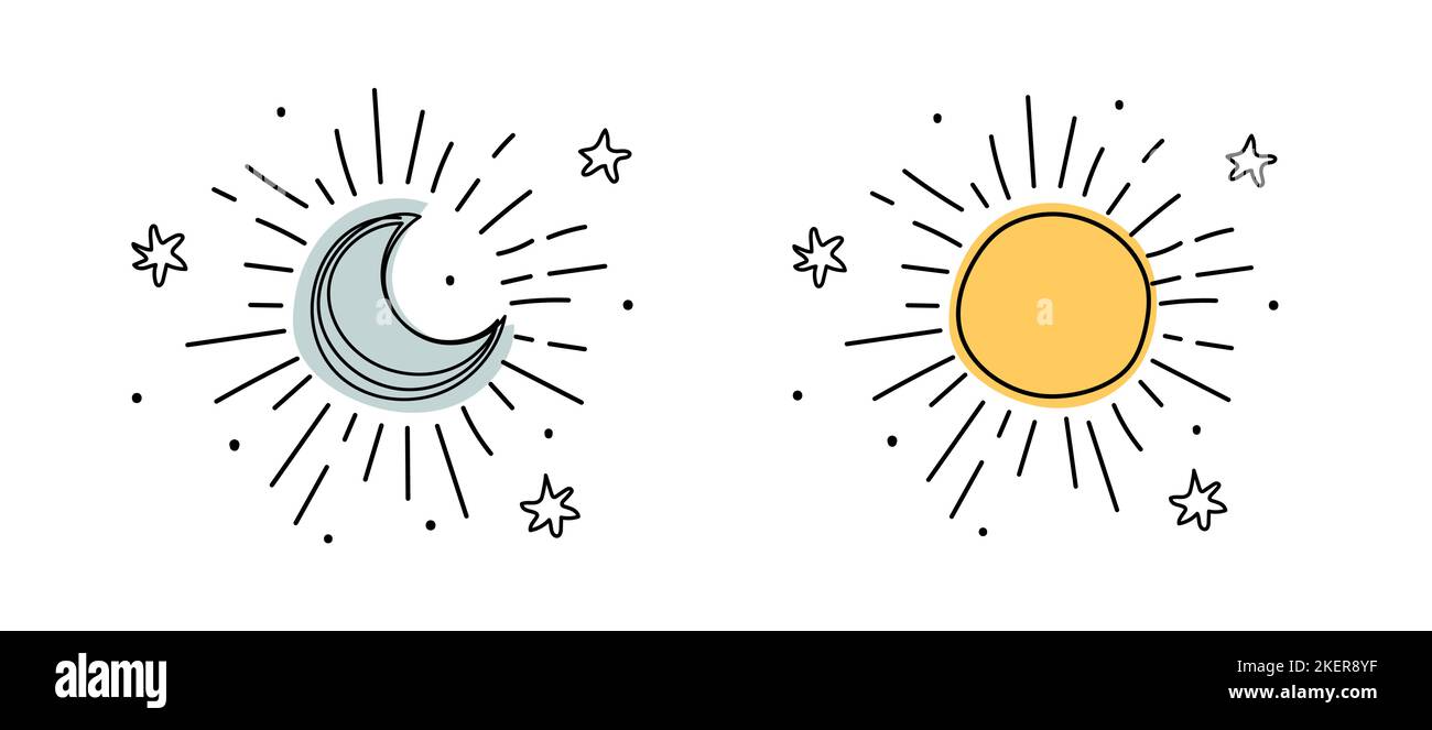 Wetter-Icon-Set, strahlender Halbmond und Sonne mit Strahlen-Linienzeichnung, einfaches Boho-Tattoo mit Sternen. Vektordarstellung auf weißem Hintergrund isoliert Stock Vektor