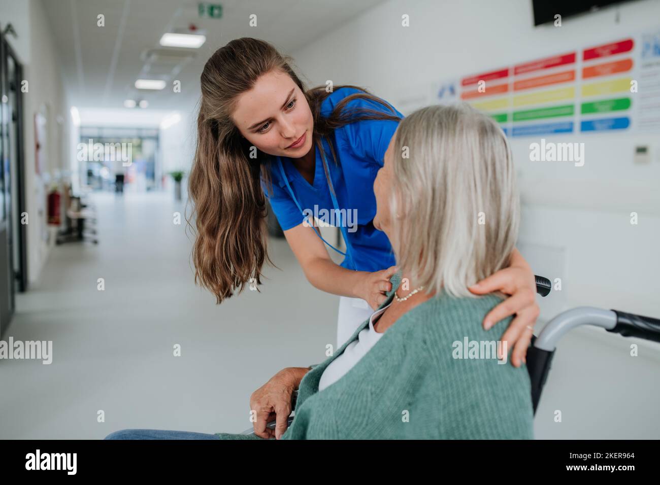 Junge Ärztin, die sich um ältere Frauen im Rollstuhl kümmert. Stockfoto