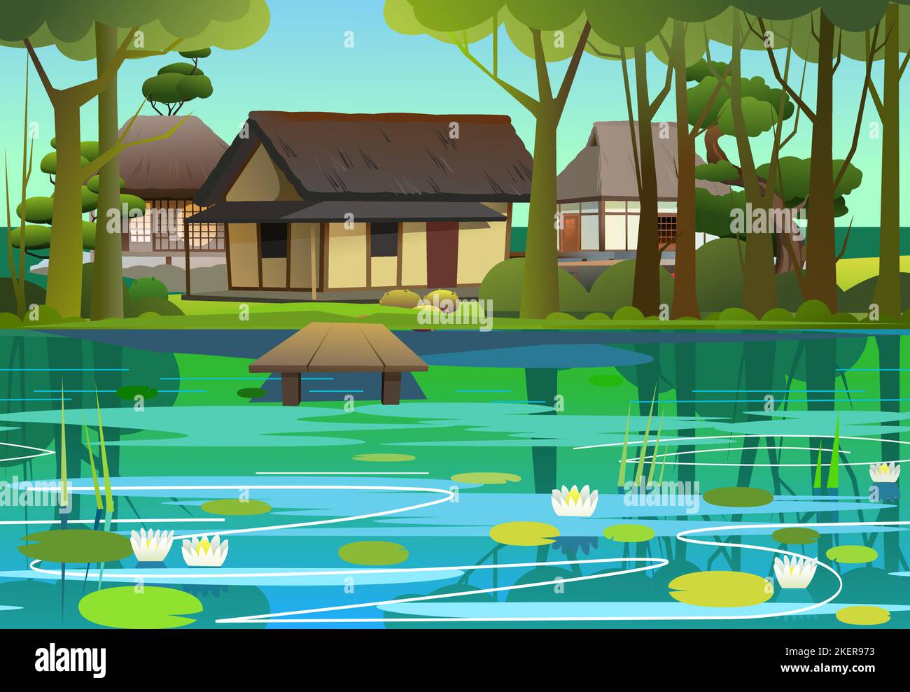Seerosenteich in Japan. Traditionelles japanisches Haus. Kleines Dorf. Ländliche Wohnung mit Strohdach. Illustration Vektor Stock Vektor