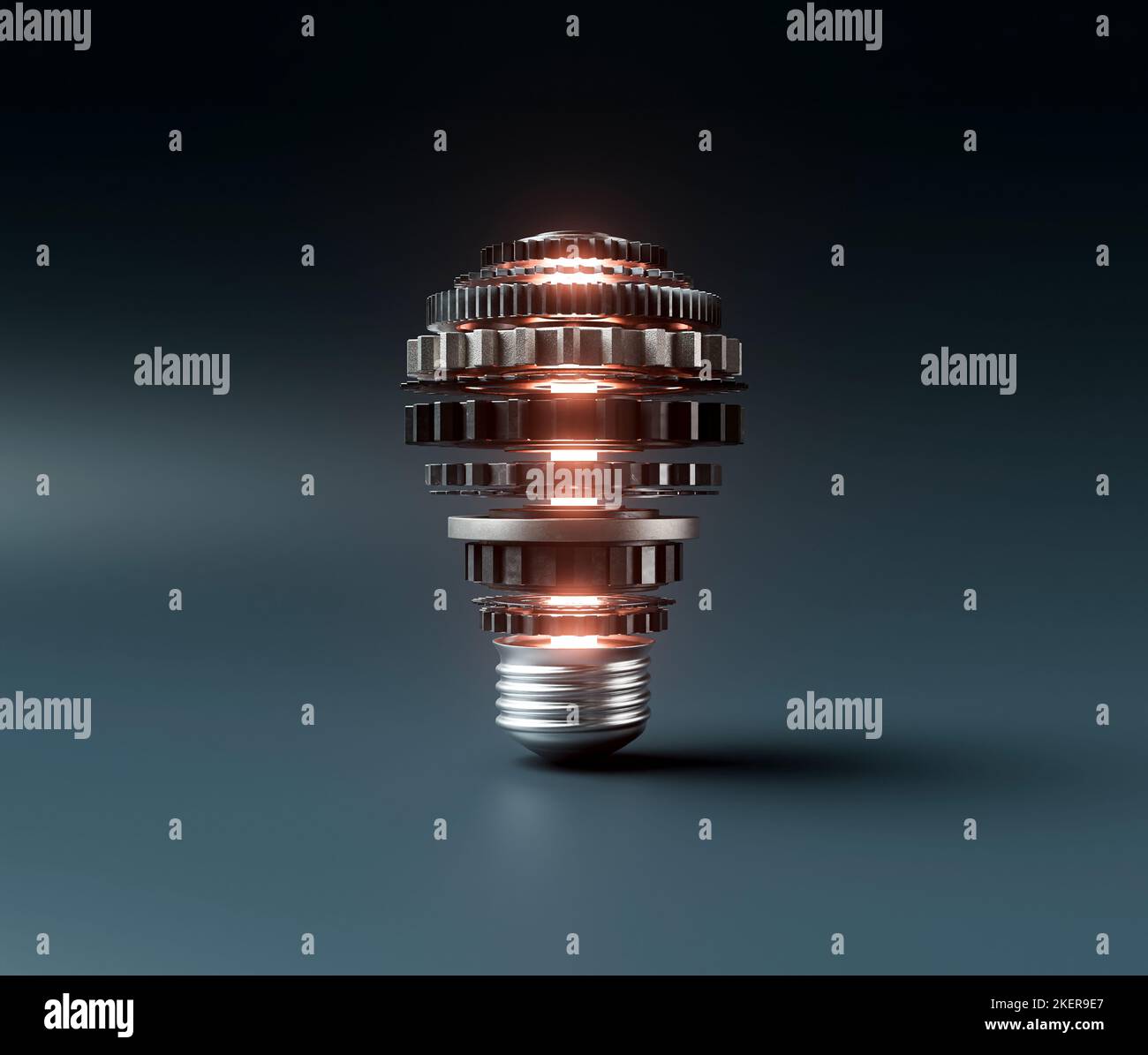 Ein Glühbirnen-Konzept aus Zahnrädern aus Metall und ein zentrales neon-beleuchtetes Lgiht, das Fantasie auf einem dunklen dramatischen Hintergrund symbolisiert - 3D Render Stockfoto