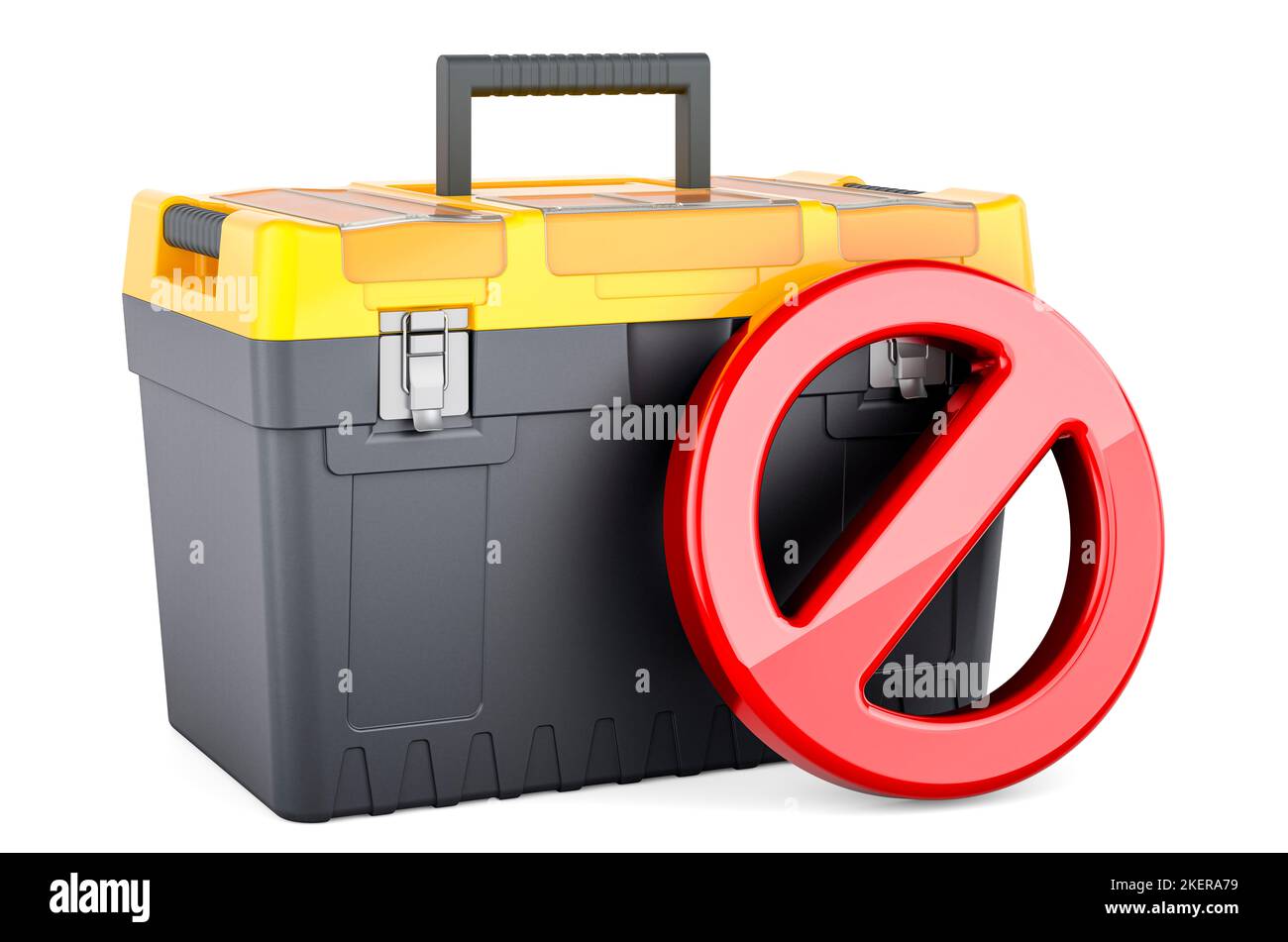 Toolbox mit Verbotszeichen, 3D Rendering isoliert auf weißem Hintergrund Stockfoto