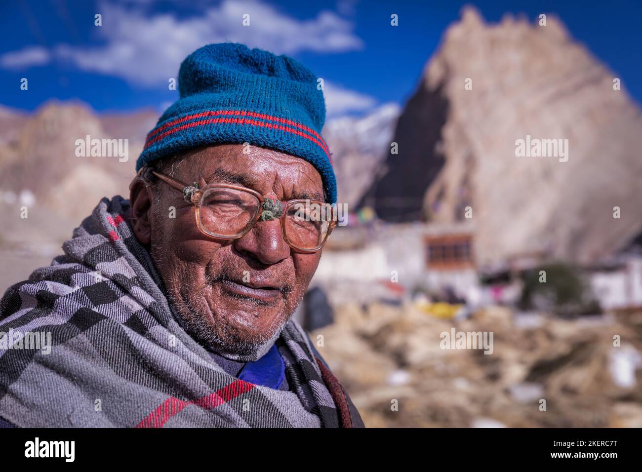Porträt des älteren Mannes, Photoksar, Ladakh, Indien Stockfoto