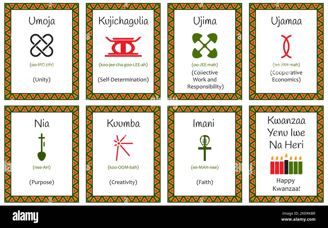 Ein Satz von Karten mit sieben Zeichen der Kwanzaa-Prinzipien. Symbol mit Namen in Suaheli und Beschreibung. Poster mit einem ethnisch-afrikanischen Muster in trad Stock Vektor