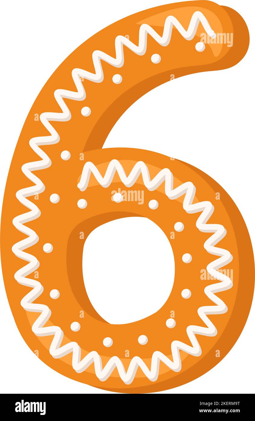 Nummer sechs aus glasierten Lebkuchen. Festliche Schrift, Symbol für ein glückliches neues Jahr und Weihnachten, Zeichen und Ziffer in verschiedenen Formen. Vektorgrafik flach Stock Vektor