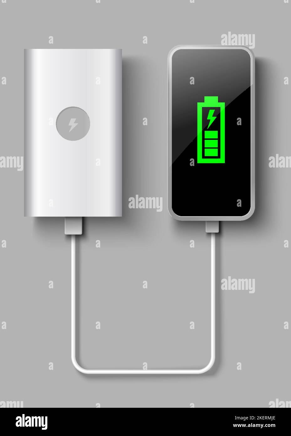 Powerbank-Vektor. Realistisches mobiles Ladegerät. 3D-mockup-Akku mit auf grauem Hintergrund isoliertem USB-Kabel. Telefonaufladung über externes c Stock Vektor