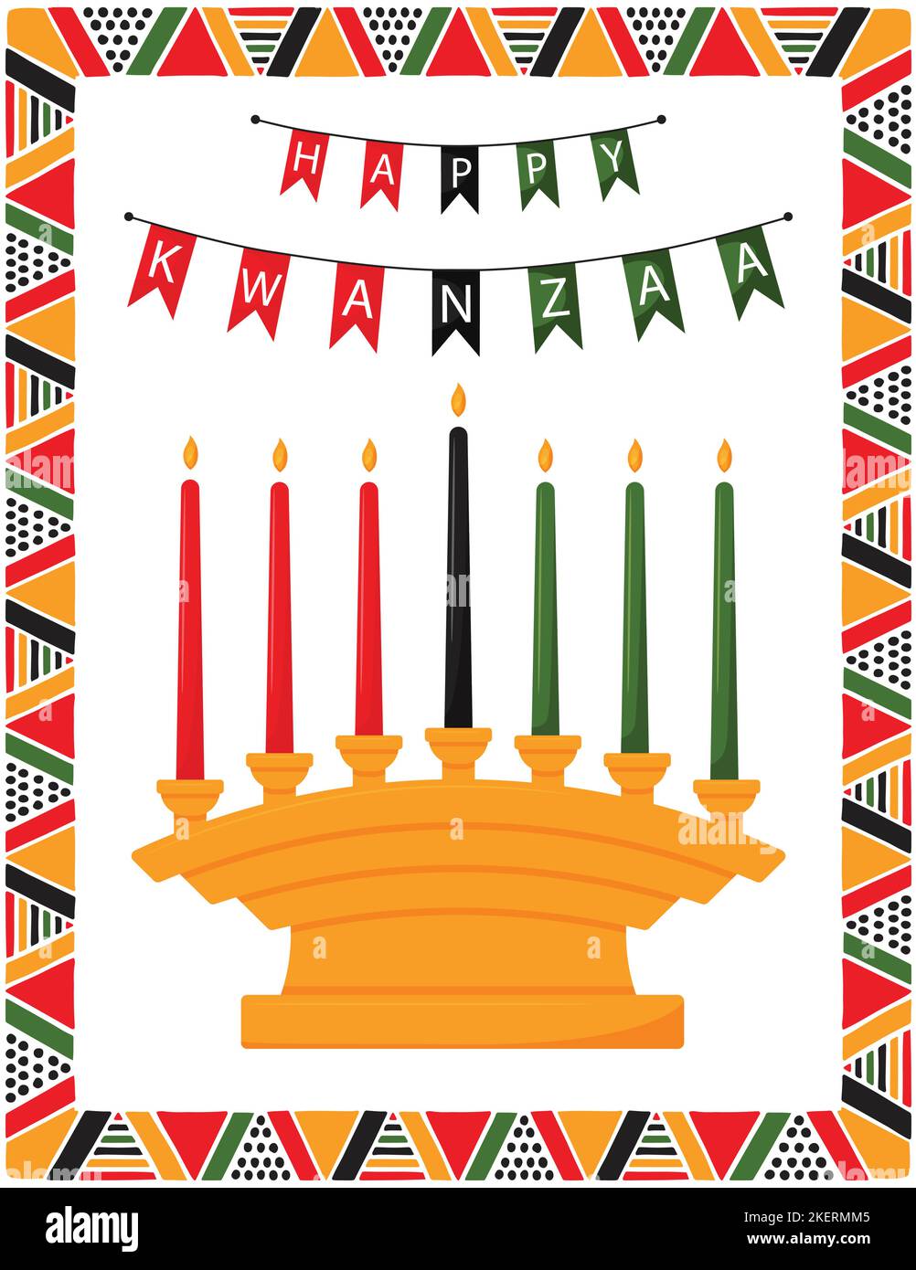 Grußkarte mit traditionellem Kerzenhalter - Kinara und Fahnen mit den Worten Happy Kwanzaa. Rahmen mit afrikanischen Dreiecksmustern. Farbvektor illustrat Stock Vektor