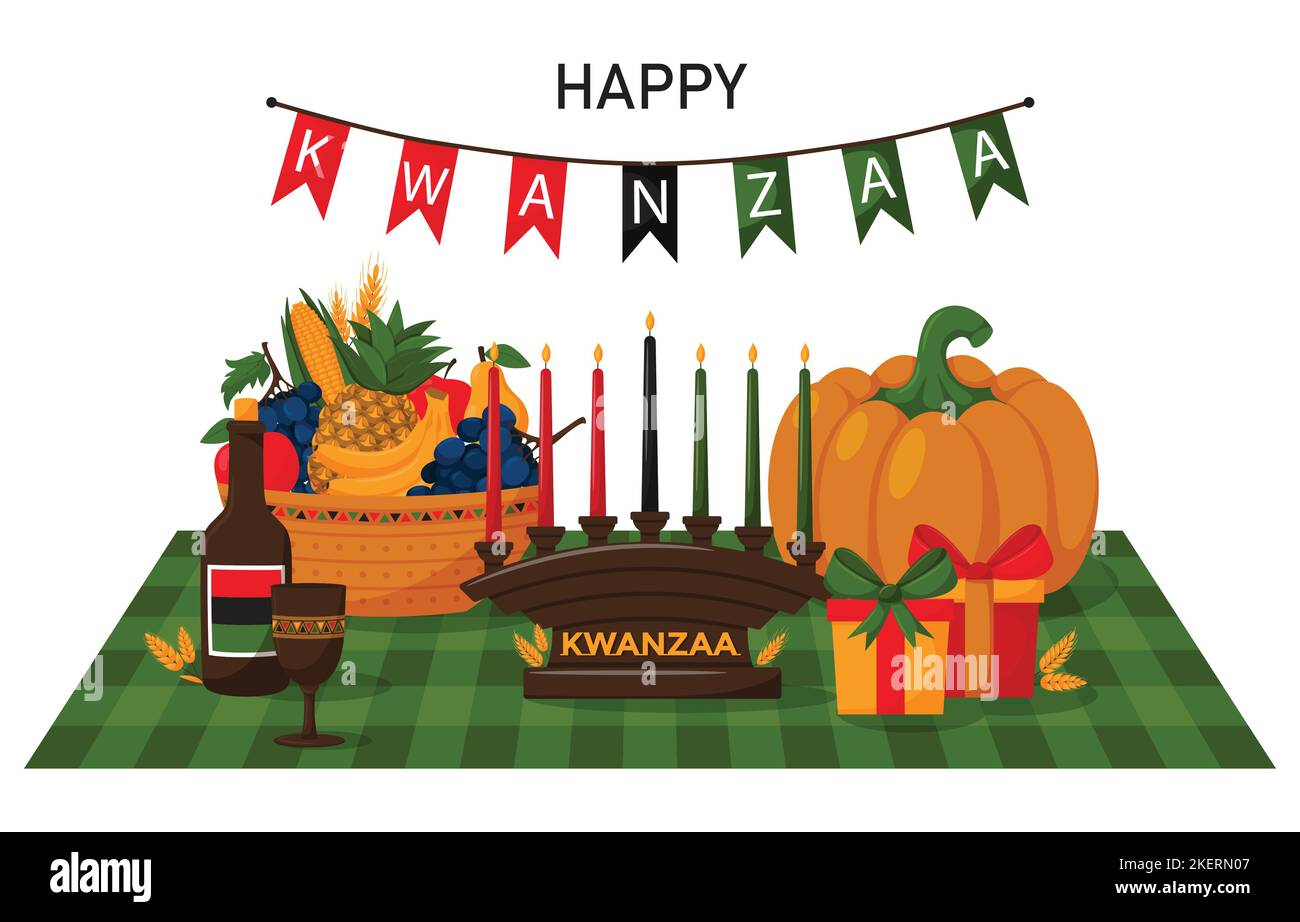 Grußkarte Happy Kwanzaa. Eine Komposition mit karierter Serviette, Kinara, Geschenken, Kürbis und Obstkorb. Cartoon Vektor Illustration auf einem Whit Stock Vektor