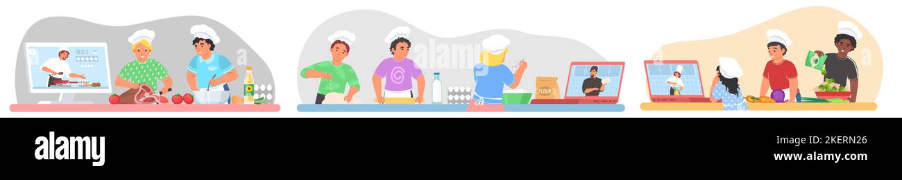 Kochen Online-Lektion für Kinder Vektor-Szene-Set. Kinder lernen, Lebensmittel im Internet zuzubereiten, und sehen sich das Webinar von zu Hause aus an Stock Vektor
