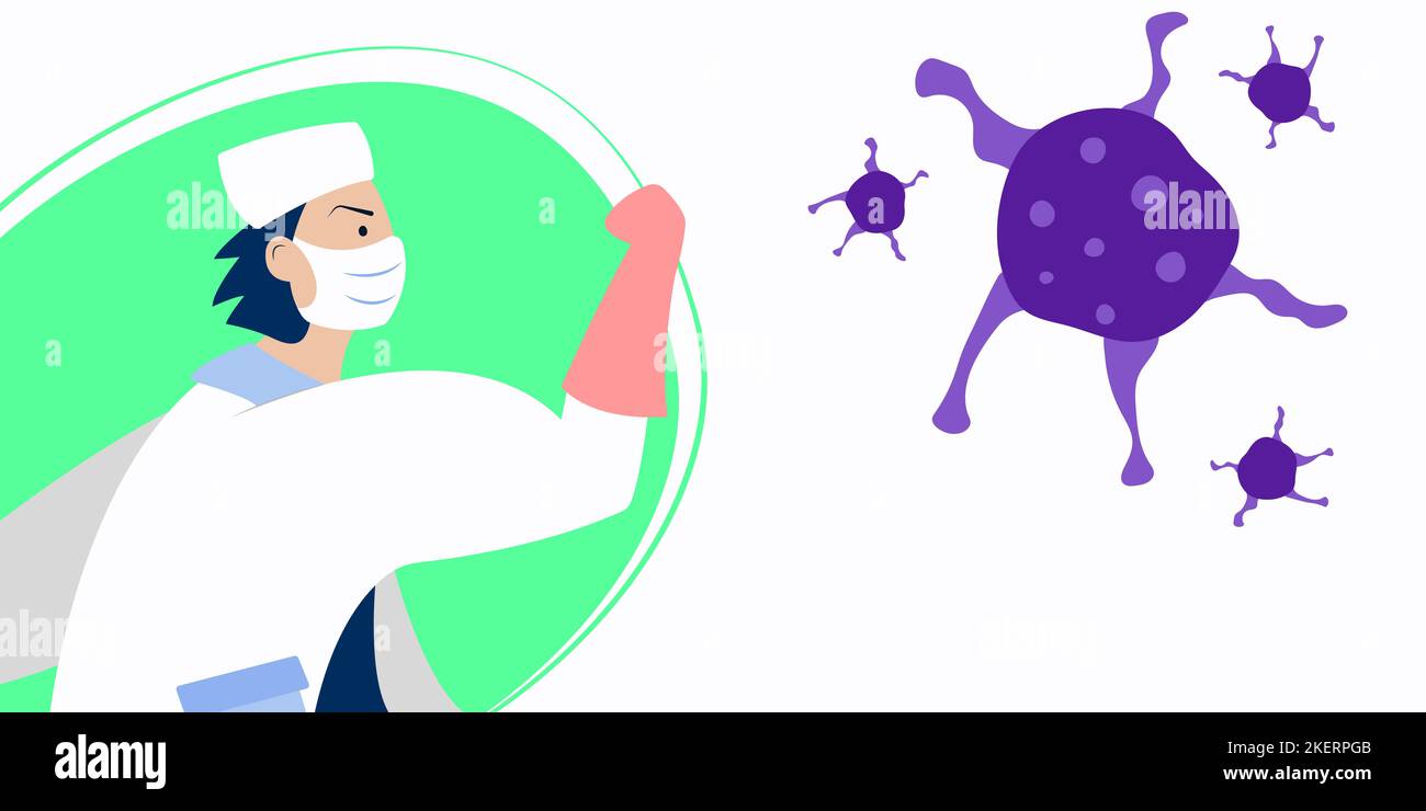 Vektor-Illustration Kampf Covid-19 Corona-Virus. Arzt Kampf Virus Konzept. Arzt oder medizinisches Fachpersonal, das mit einer Coronavirus-Pandemie kämpft. Vektordarstellung im flachen Stil. 2021-Banner Stock Vektor