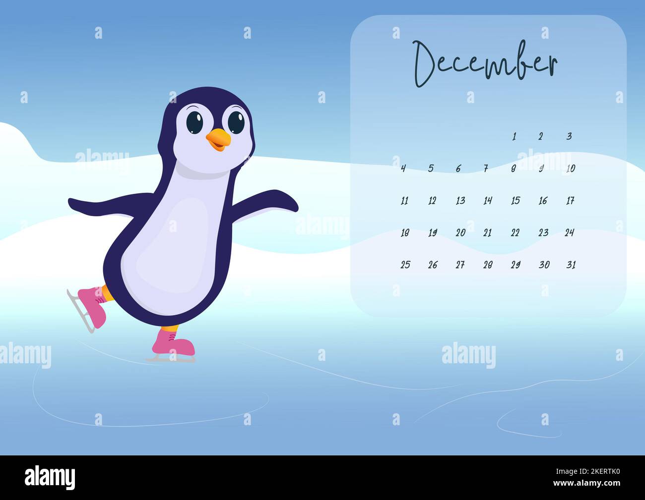 Kalender 2023 dezember Monat mit niedlichen Charakter Pinguin im Winter Schneeskating auf Eis auf dem blauen Hintergrund, druckbare hochauflösende Poster Stockfoto