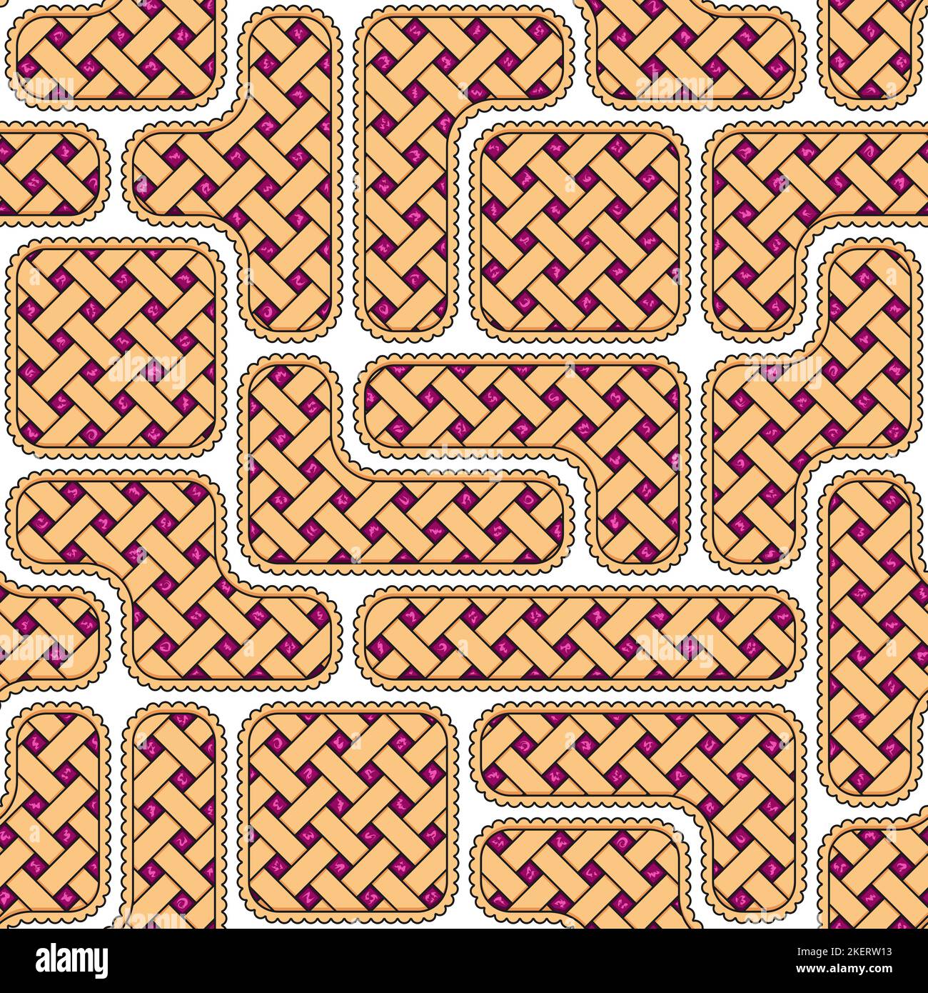 Nahtloses Muster mit Puzzles aus violettem Beerenpastete. Farbiger Vektorhintergrund auf Weiß. Stock Vektor