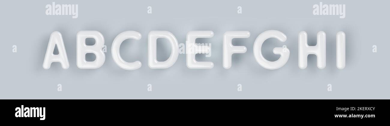 3D Weiße Großbuchstaben aus Kunststoff A, B, C, D, E, F, G, H und I mit einer glänzenden Oberfläche auf grauem Hintergrund. Stock Vektor