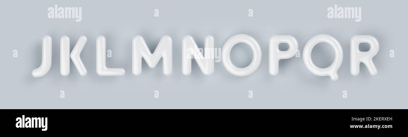 3D Weiße Kunststoff-Großbuchstaben J, K, L, M, N, O, P, Q und R mit einer glänzenden Oberfläche auf grauem Hintergrund. Stock Vektor