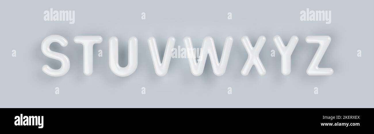 3D Weiße Großbuchstaben aus Kunststoff S, T, U, V, W, X, Y und Z mit einer glänzenden Oberfläche auf grauem Hintergrund. Stock Vektor