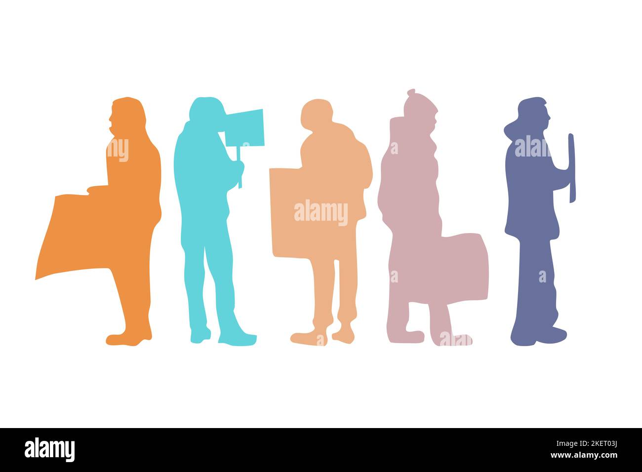 Gruppe von Menschen färbt Silhouetten. Männer Demonstranten mit Plakat verschiedenen Posen. Eine wachsende Menschenzusammensetzen. Für jede Art von Protest. Flache Vektorgrafik. Stock Vektor