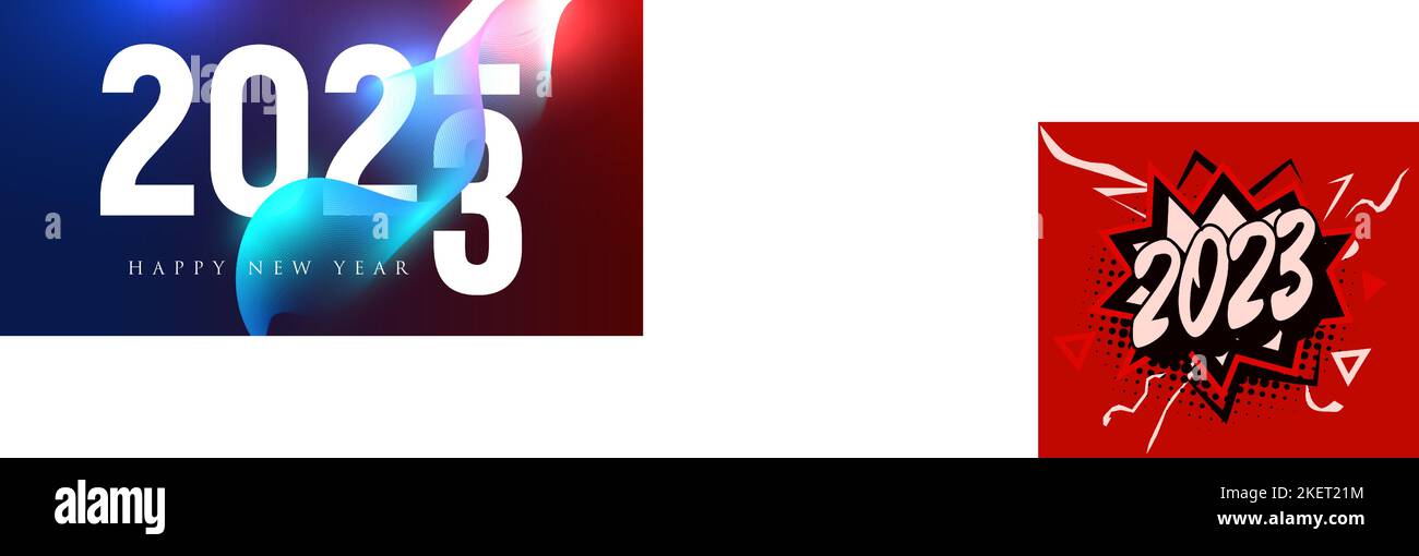 2023 Zahlen im Cartoon-Stil, Comic-Grafik. Frohes neues Jahr Veranstaltungsposter, Grußkartencover, 2023 Kalenderdesign, Einladung zur Feier des Neuen Stock Vektor