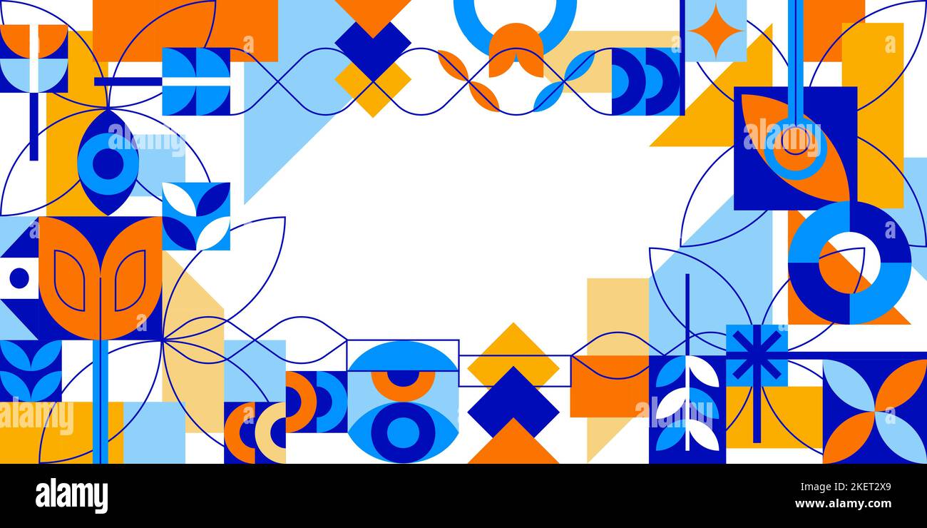 Abstrakt bauhaus-Rahmen Geometrischer Hintergrund einfaches farbenfrohes minimalistisches Webdesign modernes neoplastisches Muster gekrümmte organische Formen und Linien. Fant Stock Vektor