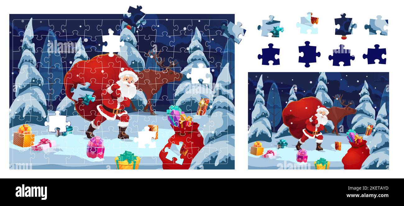 Weihnachten Puzzle-Spiel Stücke, Cartoon Santa mit Geschenken, Vektor Winter Urlaub spielen. Weihnachten Puzzle Puzzle Puzzle für Kinder Aktivität, um Teile zu finden, um Bild mit Santa und Rentiere zu sammeln Stock Vektor
