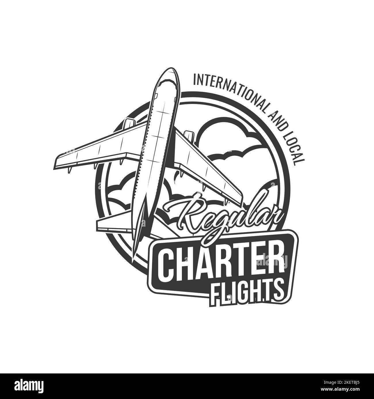 Charterflüge, Flugreisen und Flugreisen, Vektor Zivilluftfahrt Service Emblem. Internationale Fluggesellschaften und lokale Flüge mit Privatjet oder Charterflugzeug im Wolkenhimmel Stock Vektor