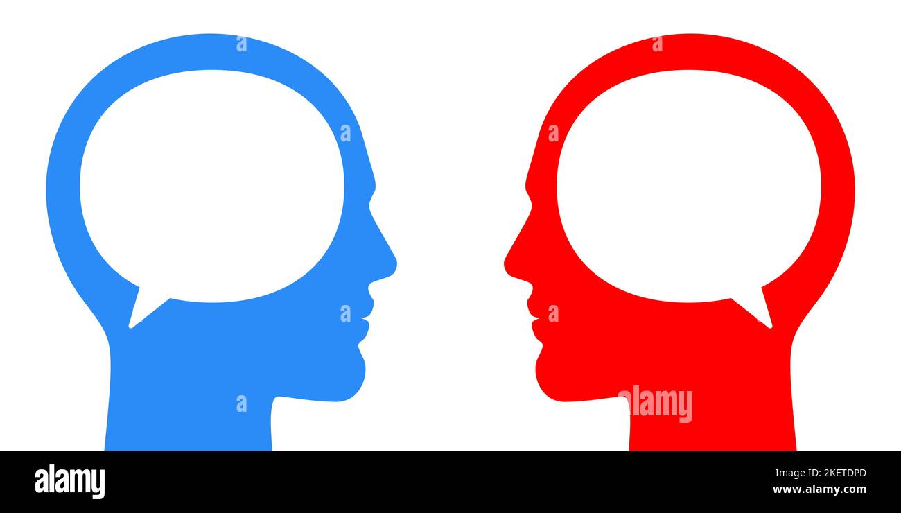 Männer kommunizieren von Angesicht zu Angesicht. Unterschiedliche oder gleiche Ansichten, Meinungen, Konzeptvektordarstellung. Zwei Erwachsene männliche Personen mit Textblasen und geometrischen Figuren, die miteinander sprechen. Stock Vektor