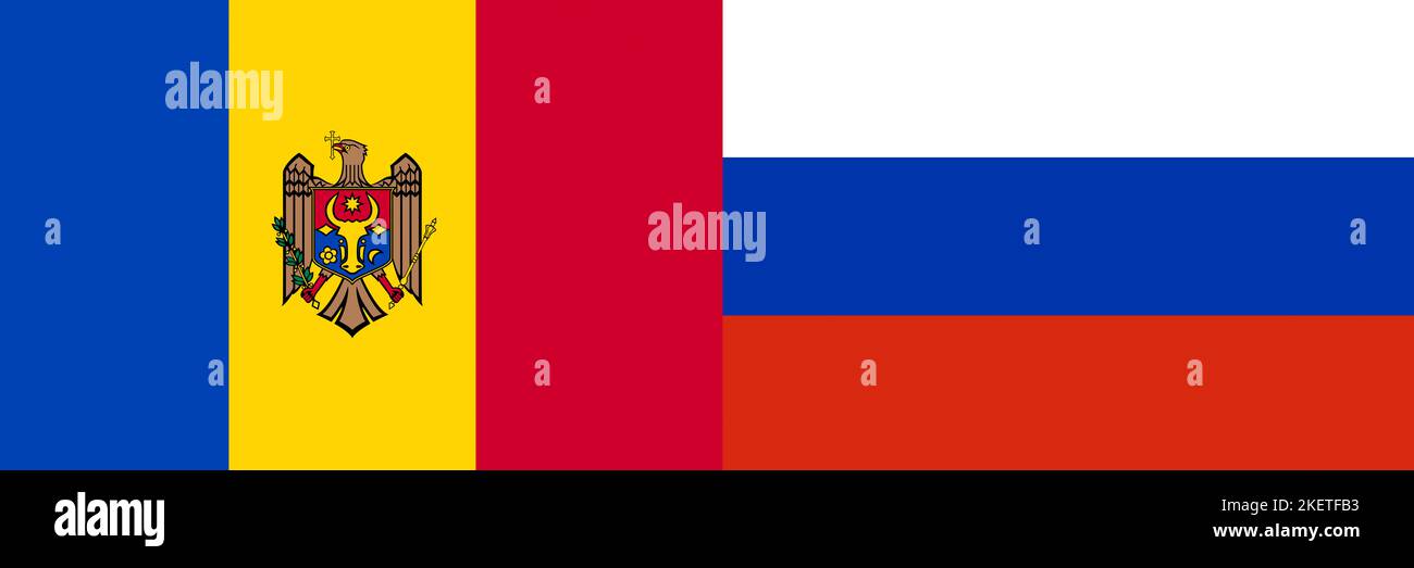 Unschärfe-Proteste in Moldawien. Flagge Moldawiens und Flagge Russlands. Kraft, Macht, Protest und Schlagkraft. Russland-Krieg. Nachrichten zur Weltkrise. Nicht fokussiert Stockfoto
