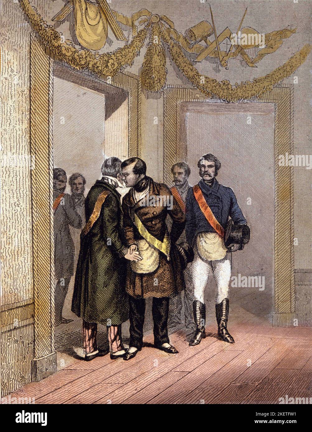 Napoleon Joseph Charles Paul Bonaparte, Prinz Napoleon (1822-1891) dit Plon-Plon, fils de Jerome Bonaparte, Cousin de Napoleon III - Franc-Maconnerie : Napoleon Joseph Charles Paul Bonaparte, Surnomme le Prince Jerome ou Plonplon se faisant identifier a l'entree du Temple du Faubourg Saint Marcel. Gravure in 'Histoire Pittoresque de la Franc Maconnerie et des Societes secretes anciennes et modernes' par Clavel. Stockfoto