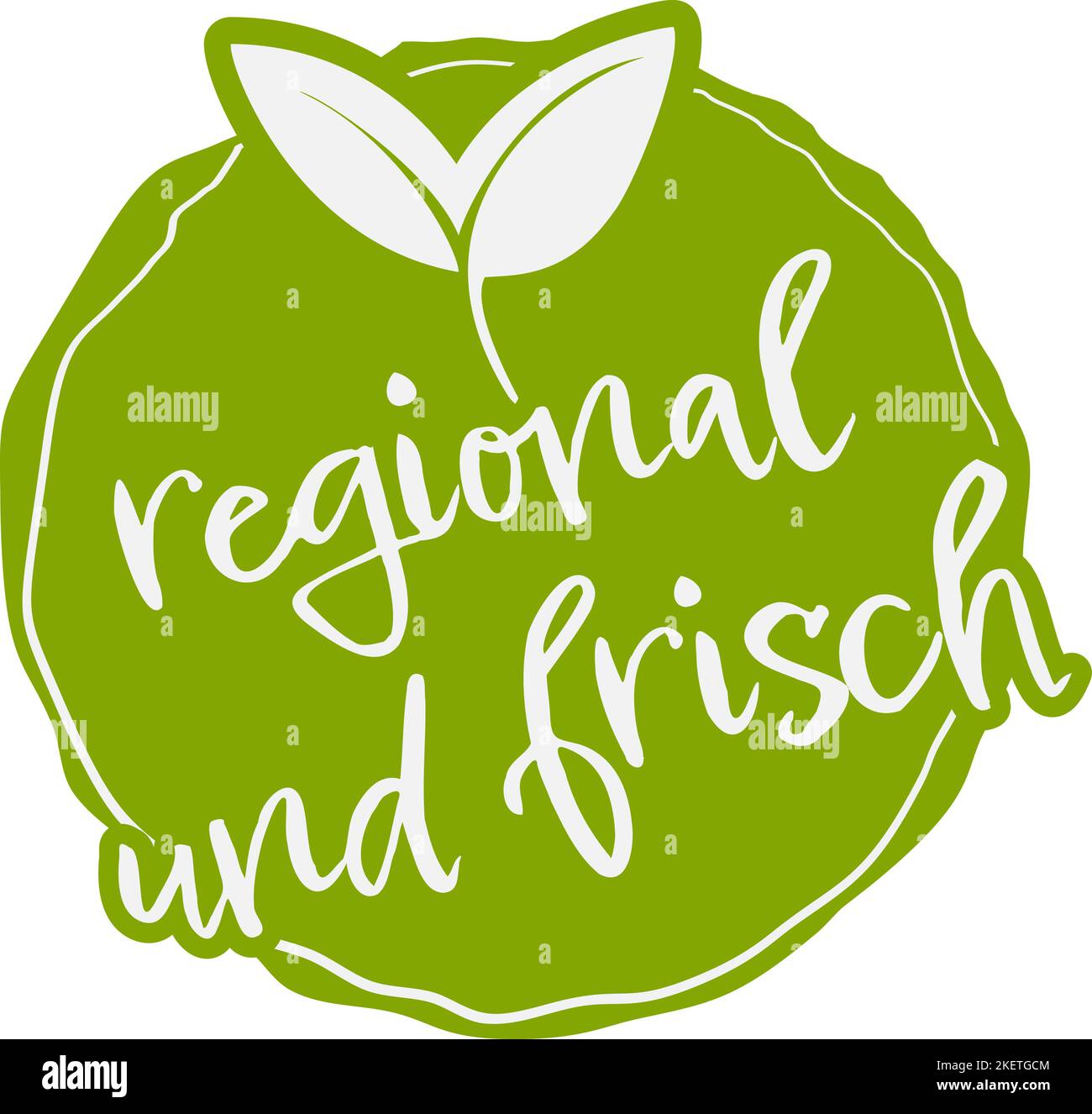 Grünes Etikett oder Aufkleber mit Blättern und Text REGIONAL UND FRISCH, deutsch für lokal angebaut und frisch, isoliert auf weißem Hintergrund, Vektorgrafik Stock Vektor