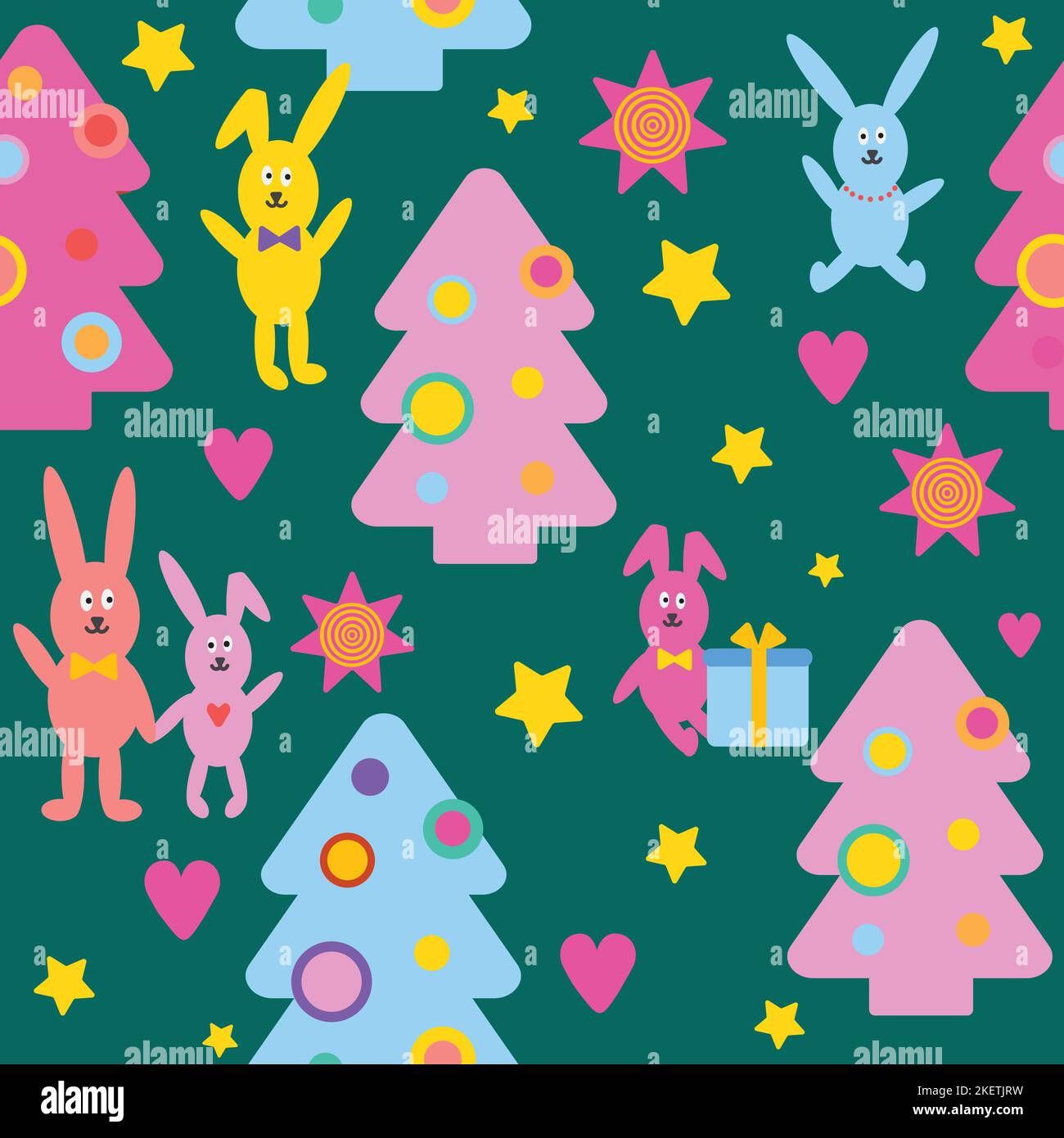 Weihnachtsbaum und Hase nahtlose Muster auf grünem Hintergrund. Stock Vektor