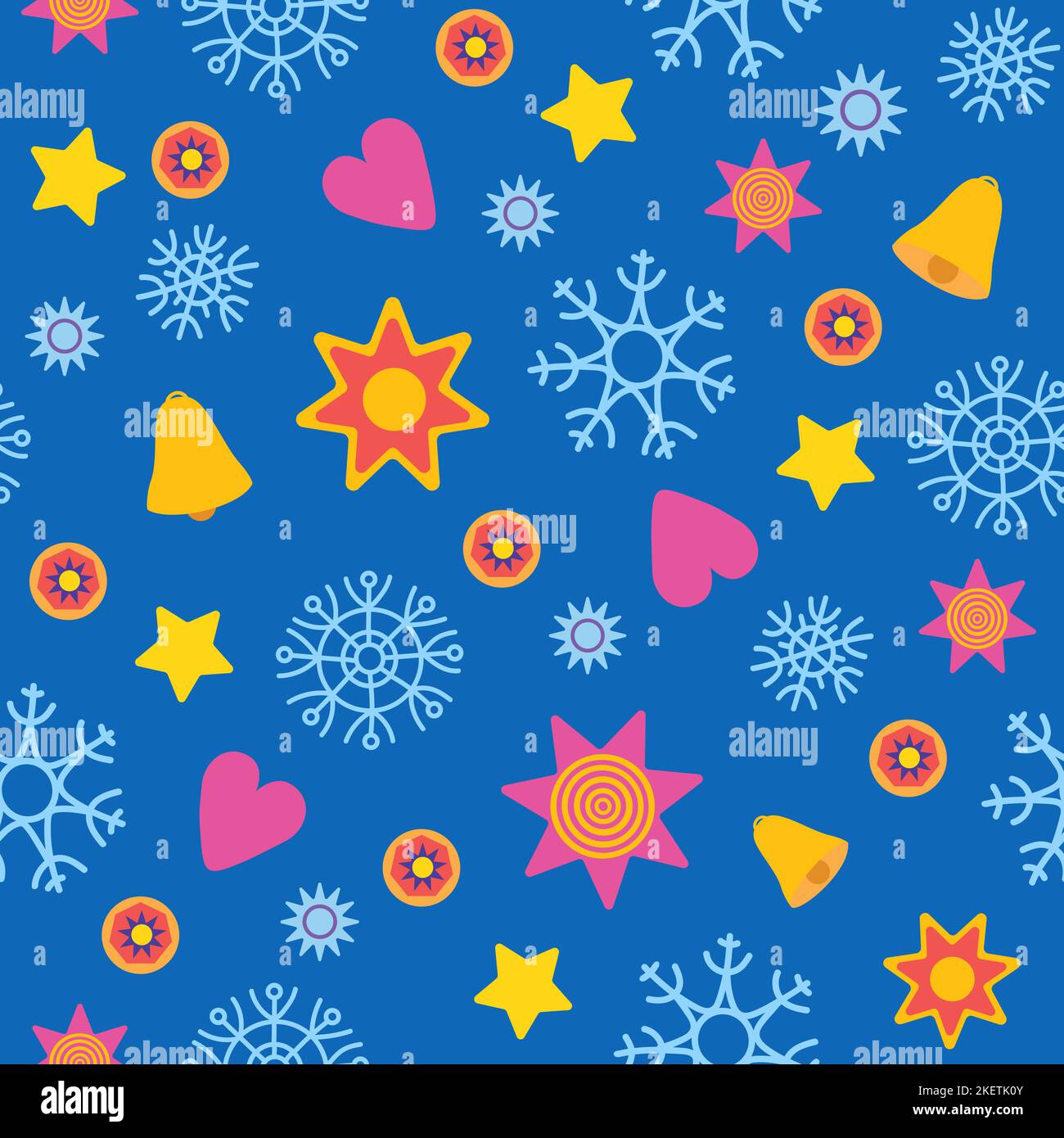 Nahtloses Muster mit Sternen, Schneeflocken, Glocken und Herzen auf blauem Hintergrund. Bunte Weihnachten wiederholt Muster. Stock Vektor
