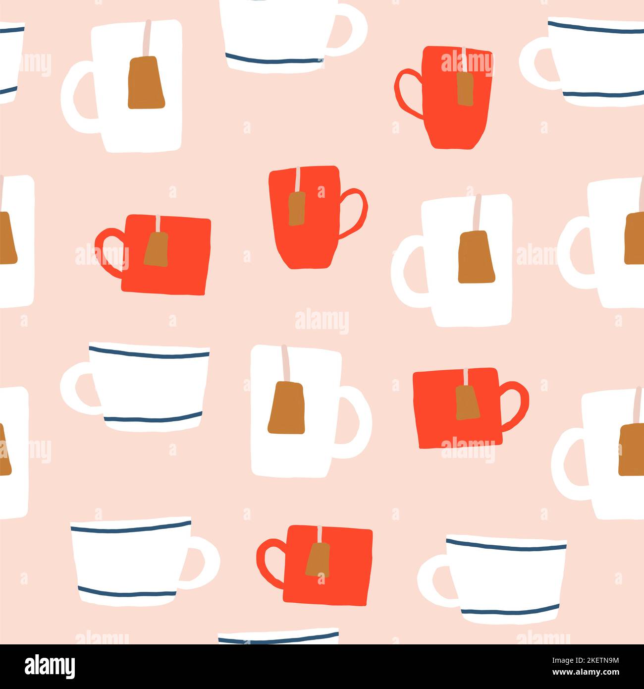 Tee Kaffee Vintage Tasse Set Vektor-Illustration. Cartoon Vintage Teetasse Kollektion für englische Nachmittagstee Zeremonie Party oder Frühstück, Retro Blume, Blatt, Streifen handgezeichnete Muster auf Tasse und Tasse. Vektorgrafik Stock Vektor