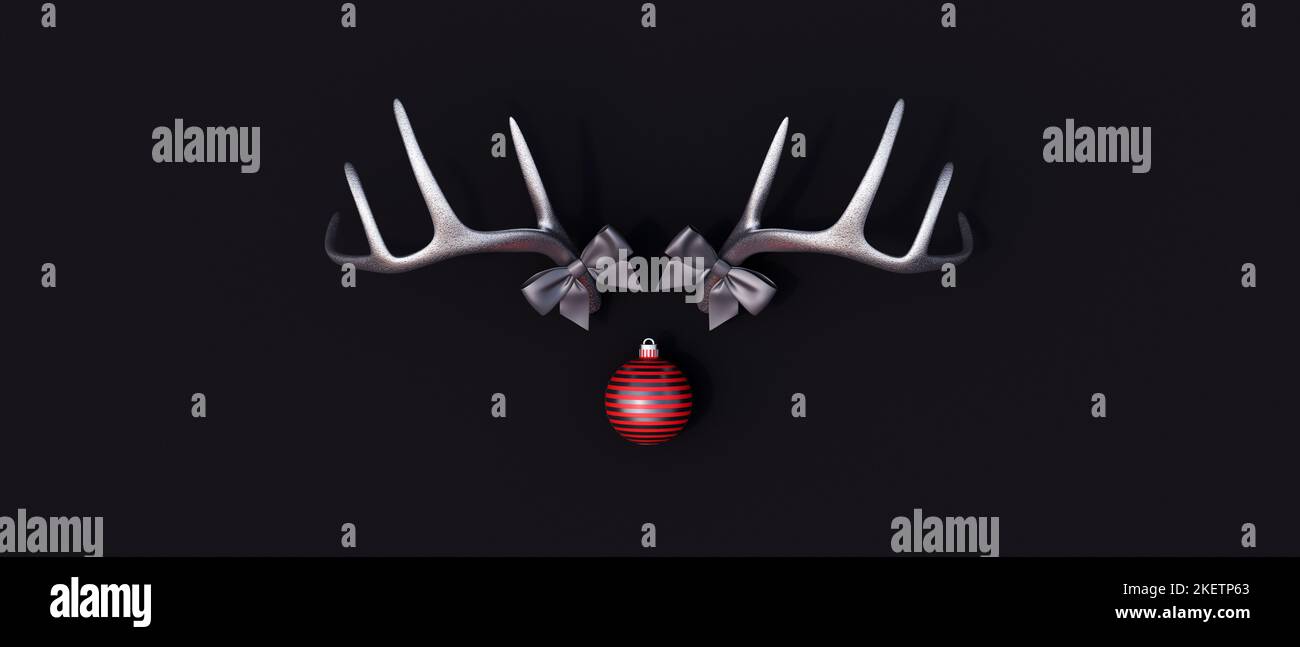 Rentier silbernes Geweih und rote Weihnachtskugel auf schwarzem Hintergrund. Weihnachtsfeiertage Grußkarte Konzept 3D Render 3D Illustration Stockfoto