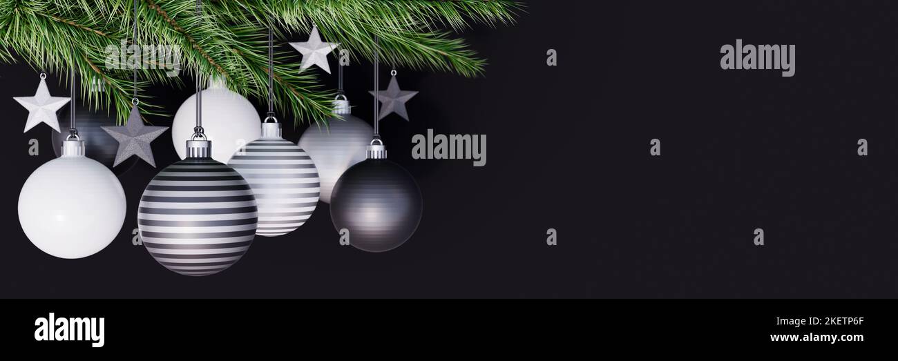 Weihnachtskarte mit Weihnachtsdekoration auf schwarzem Hintergrund 3D Render 3D Illustration Stockfoto